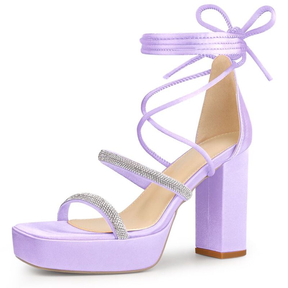 Rhinestone Platform Lace Up Chunky Heels Sandals Purple